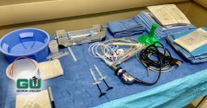Bulkamid procedure instruments set up on table before procedure starts