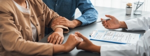 Couple sitting together with doctor and doctor holding females hand