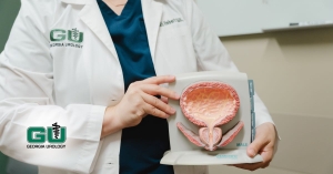 Dr. Hebert holding male bladder diagram in front of her with both hands