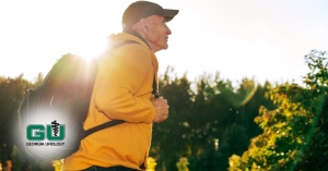 Man in woodsy outdoors walking with backpack on