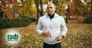 Middle aged man jogging in forest area during autumn while smiling