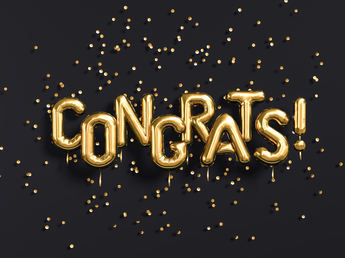 Congrats text with golden confetti. Congratulations banner. 3d rendering.