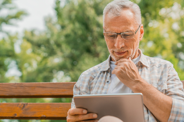 Park, Digital Tablet, Mature Men, Beard, One Person.